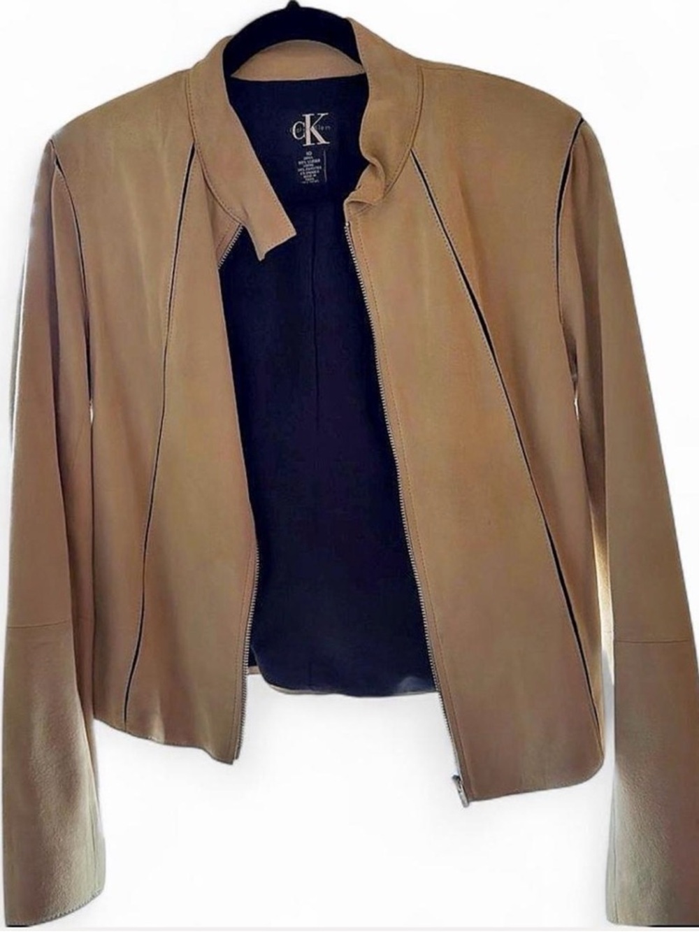 Calvin Klein Light Brown Leather Zip-Front Jacket - SIZE 10